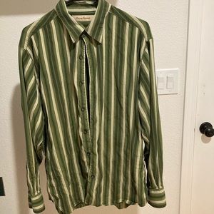 Men’s L, Tommy Bahama, silk, green, striped, button down long sleeve